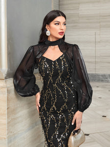 Lantern Sleeve Mesh Top & Contrast Sequin Cami Dress