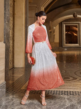 Load image into Gallery viewer, Ombre Lantern Sleeve Belted Metallic Dress
