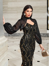 Load image into Gallery viewer, Lantern Sleeve Mesh Top &amp; Contrast Sequin Cami Dress
