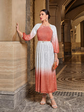 Load image into Gallery viewer, Ombre Lantern Sleeve Belted Metallic Dress

