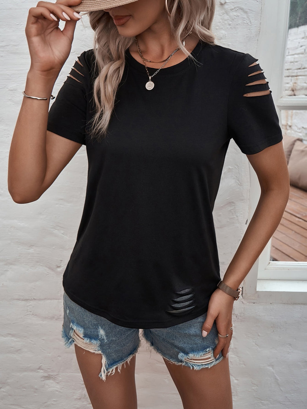 Solid Cut Out Detail Crew Neck Tee