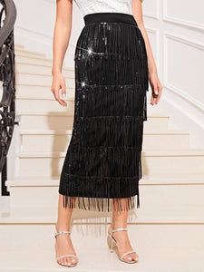 Sequin Fringe Trim Pencil Skirt