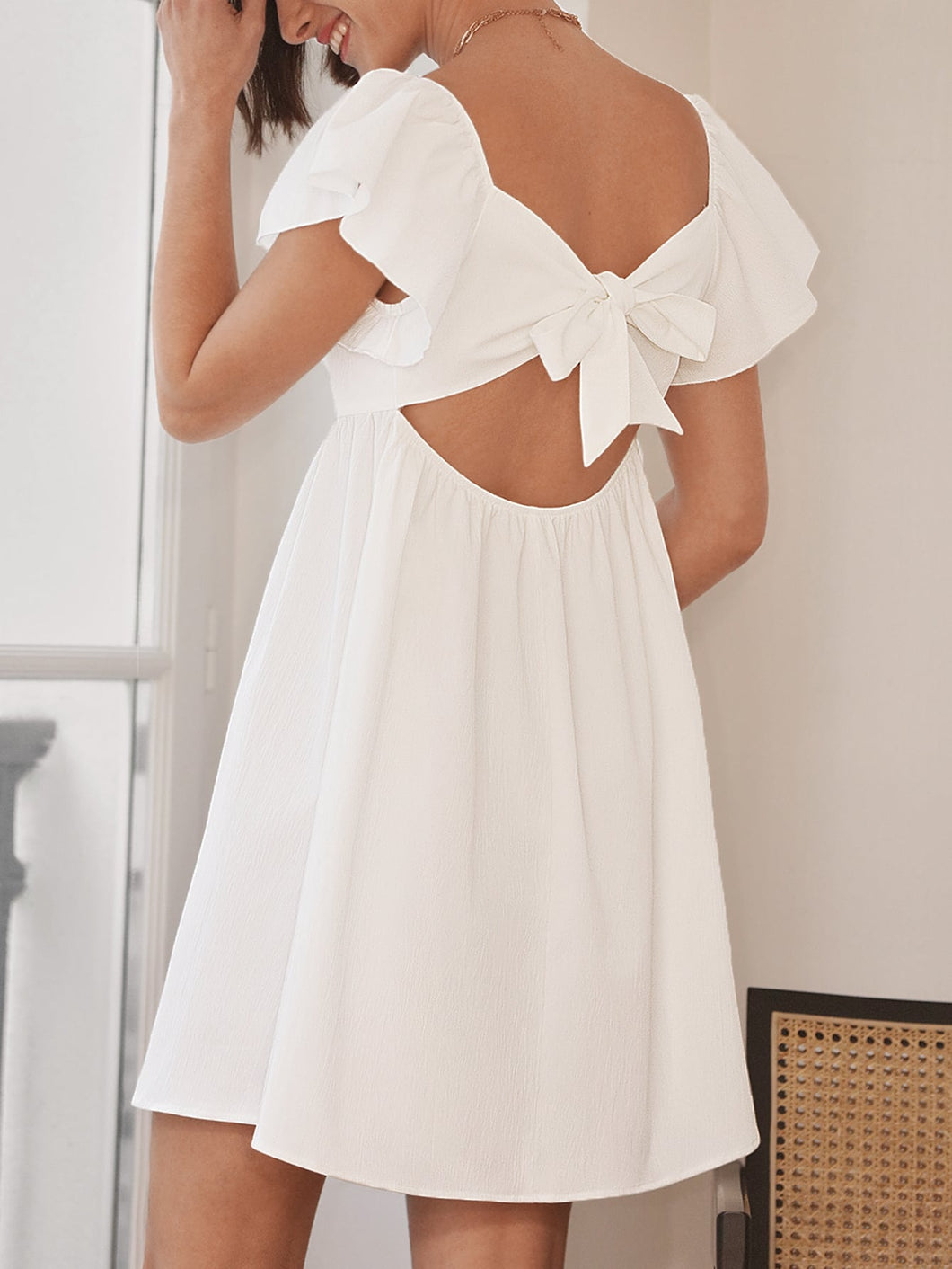 Tie Backless Butterfly Sleeve Solid Dress