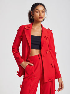 Lapel Neck Bow Detail Double Breasted Belted Blazer