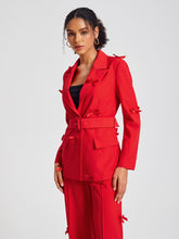 Load image into Gallery viewer, Lapel Neck Bow Detail Double Breasted Belted Blazer
