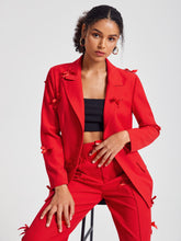 Load image into Gallery viewer, Lapel Neck Bow Detail Double Breasted Belted Blazer
