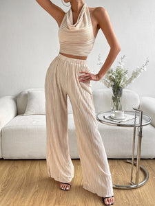 Draped Front Backless Halter Top & Wide Leg Pants