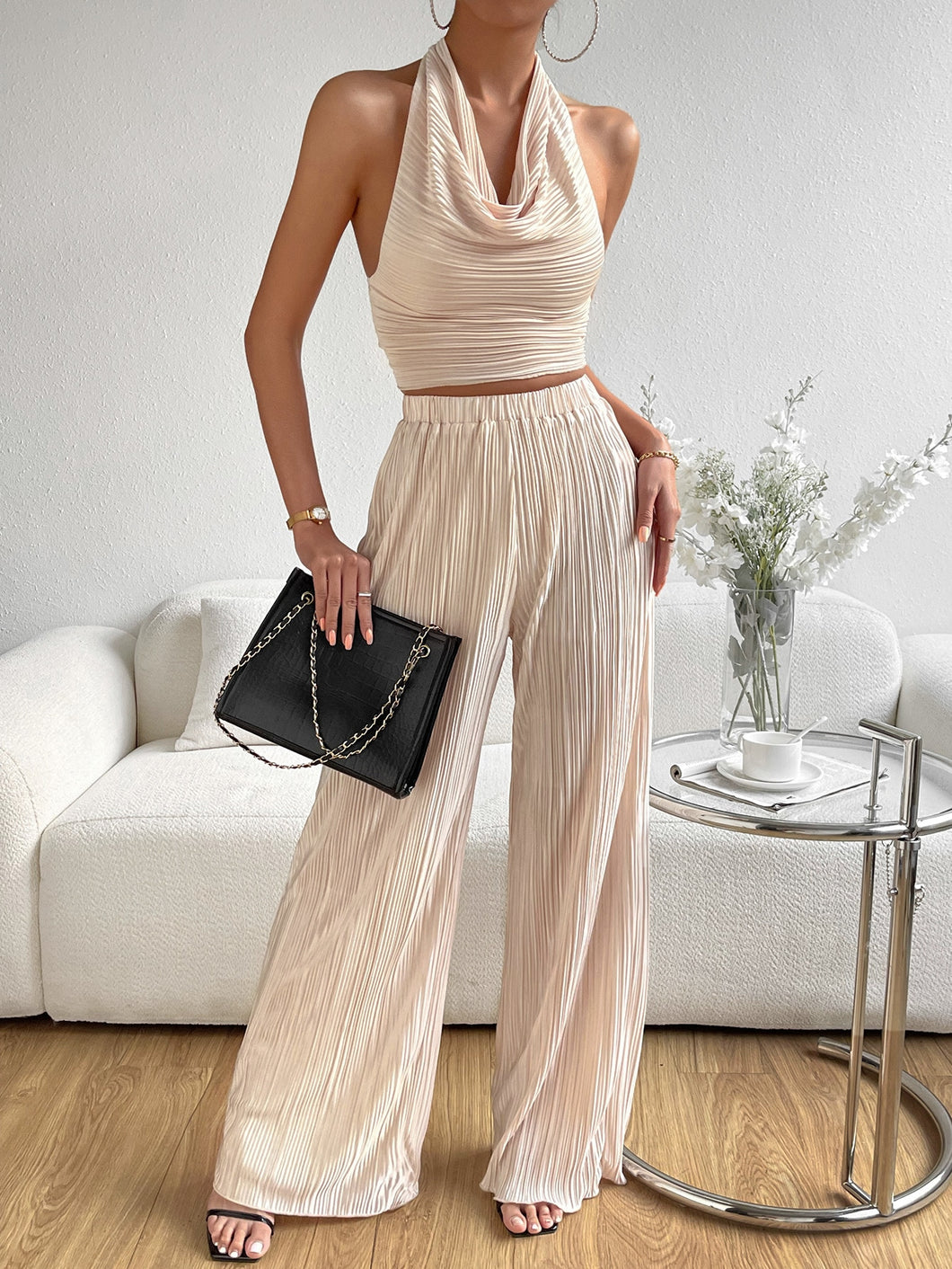 Draped Front Backless Halter Top & Wide Leg Pants