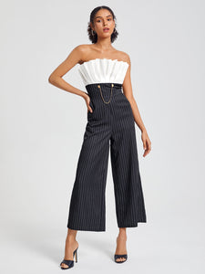 Chain Detail Striped Pleated Tube Jumpsuit
