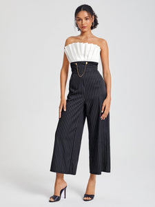 Chain Detail Striped Pleated Tube Jumpsuit