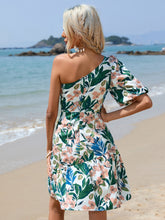 Load image into Gallery viewer, Floral Print One Shoulder Ruffle Hem Dress
