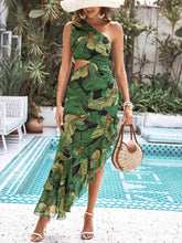 Load image into Gallery viewer, Tropical Print One Shoulder Cut Out Ruffle Trim Dress
