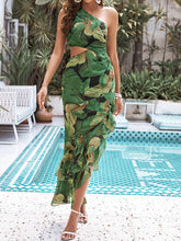 Load image into Gallery viewer, Tropical Print One Shoulder Cut Out Ruffle Trim Dress
