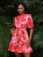 Load image into Gallery viewer, Floral Print Puff Sleeve Ruffle Hem Belted Shirt Dress
