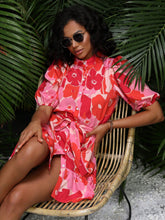 Load image into Gallery viewer, Floral Print Puff Sleeve Ruffle Hem Belted Shirt Dress
