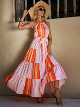 Load image into Gallery viewer, Colorblock Belted Ruffle Hem Halter Dress
