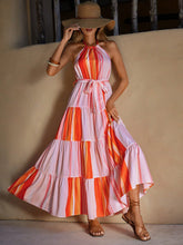 Load image into Gallery viewer, Colorblock Belted Ruffle Hem Halter Dress
