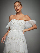 Load image into Gallery viewer, Off Shoulder Floral Appliques Mesh Overlay Maxi Dress
