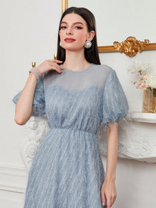 Solid Puff Sleeve Fuzzy A-line Dress