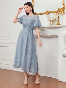 Solid Puff Sleeve Fuzzy A-line Dress