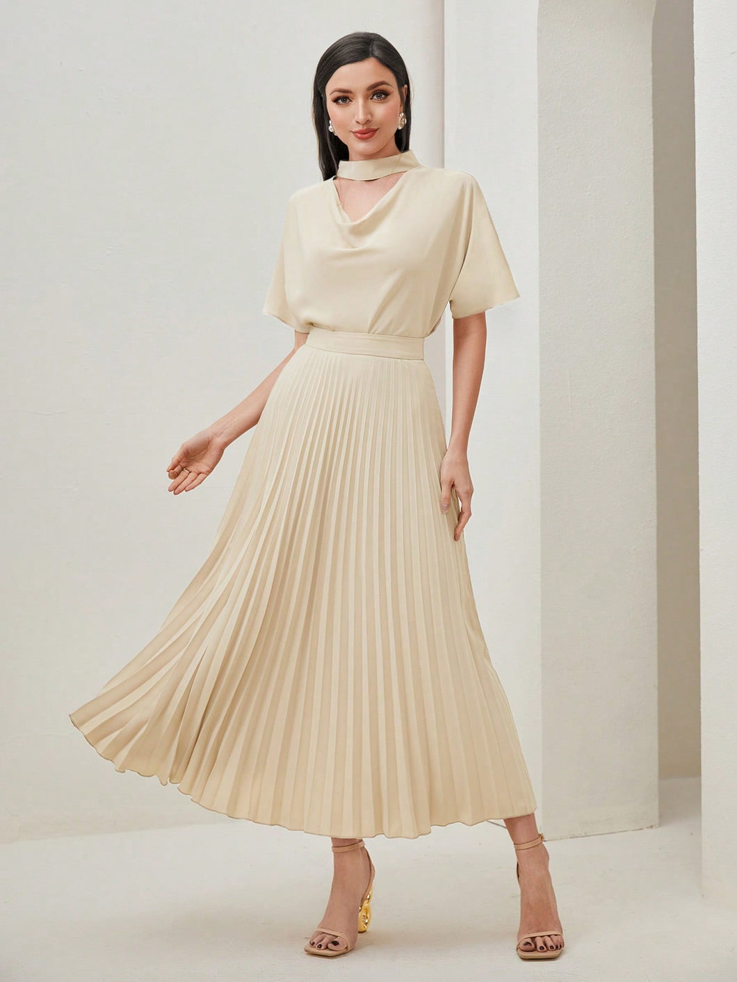 Draped Front Batwing Sleeve Top & Pleated Skirt