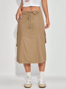 Drawstring Waist Flap Pocket Side Cargo Skirt