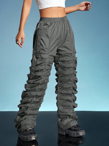 Solid Ruched Stacked Pants