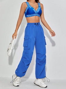 Letter Graphic Crop Wide Strap Top & Drawstring Waist Cargo Pants