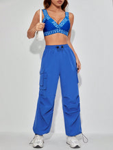 Load image into Gallery viewer, Letter Graphic Crop Wide Strap Top &amp; Drawstring Waist Cargo Pants
