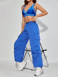 Letter Graphic Crop Wide Strap Top & Drawstring Waist Cargo Pants