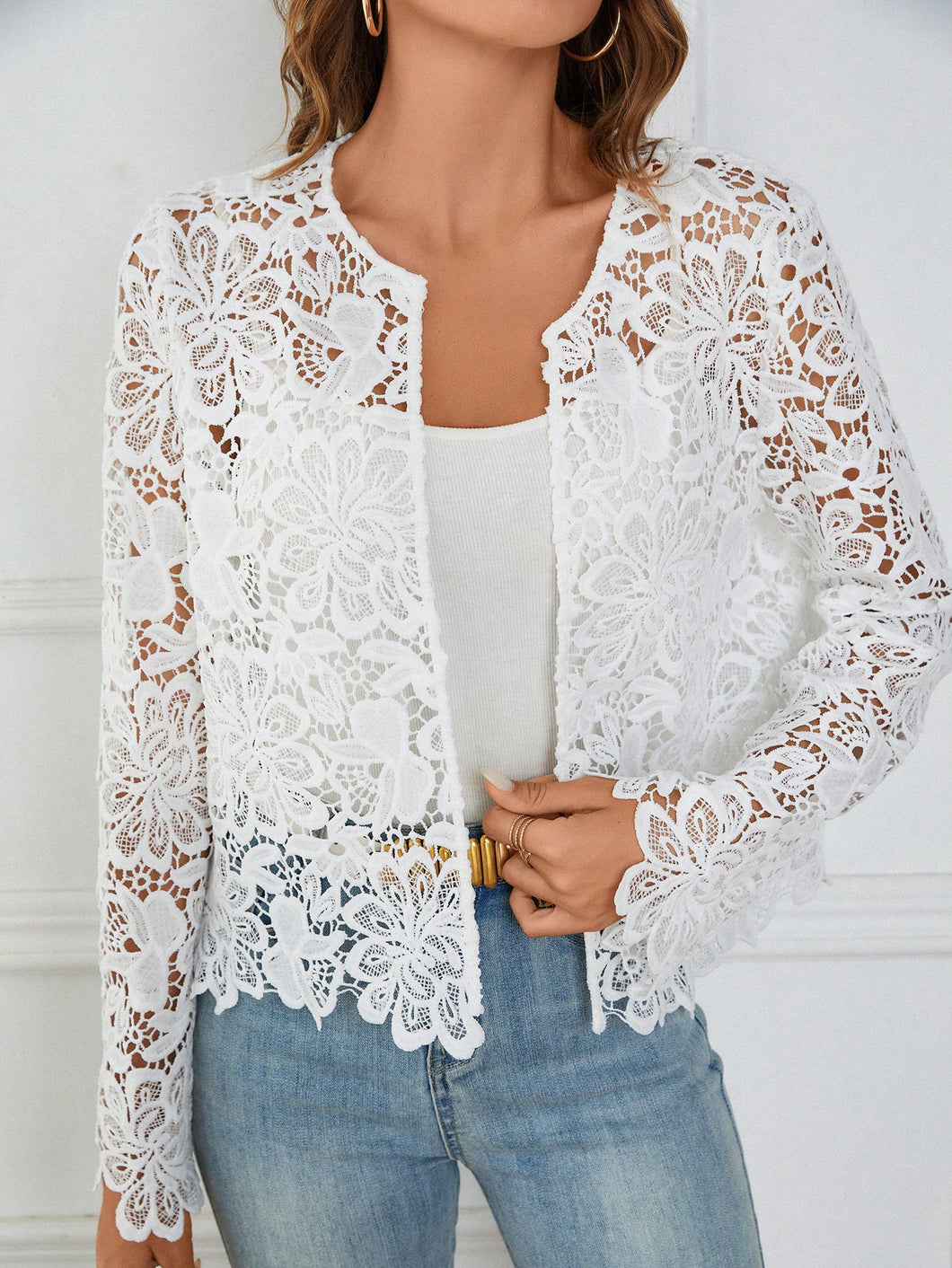 Guipure Lace Insert Open Front Jacket