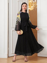 Load image into Gallery viewer, Floral Print Raglan Sleeve Pleated Hem Belted Dress
