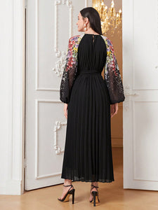 Floral Print Raglan Sleeve Pleated Hem Belted Dress