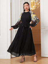 Load image into Gallery viewer, Floral Print Raglan Sleeve Pleated Hem Belted Dress
