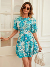 Load image into Gallery viewer, Tropical Print Cut Out Waist Puff Sleeve Dress
