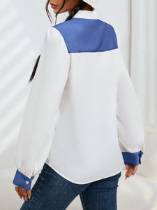 Colorblock Patched Pocket Lantern Sleeve Blouse