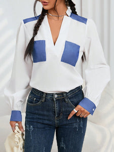 Colorblock Patched Pocket Lantern Sleeve Blouse