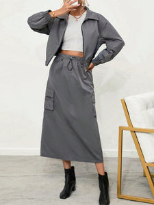 Drop Shoulder Drawstring Waist Jacket & Skirt