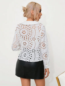 Solid Eyelet Embroidery Peter Pan Collar Blouse