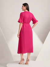 Load image into Gallery viewer, Tie Neck Flare Sleeve Belted Dress
