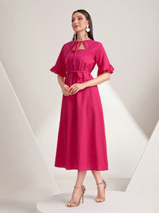 Tie Neck Flare Sleeve Belted Dress
