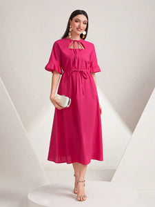 Tie Neck Flare Sleeve Belted Dress