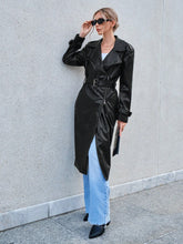 Load image into Gallery viewer, Lapel Neck Belted PU Leather Trench Coat

