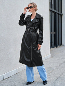 Lapel Neck Belted PU Leather Trench Coat