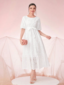 Puff Sleeve Belted Lace Overlay Dress
