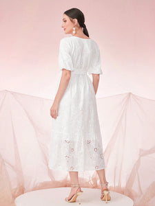 Puff Sleeve Belted Lace Overlay Dress