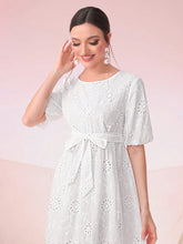 Load image into Gallery viewer, Puff Sleeve Belted Lace Overlay Dress
