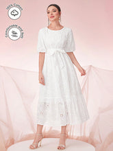 Load image into Gallery viewer, Puff Sleeve Belted Lace Overlay Dress
