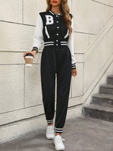 Load image into Gallery viewer, Letter Patched Striped Trim Bomber Jacket &amp; Sweatpants
