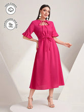 Load image into Gallery viewer, Tie Neck Flare Sleeve Belted Dress

